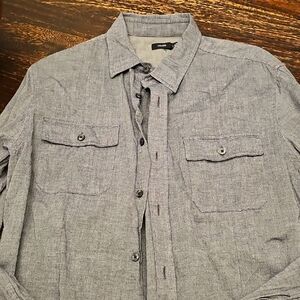 Vince Men's Grey Button-Down Chest-Pocket Shirt M